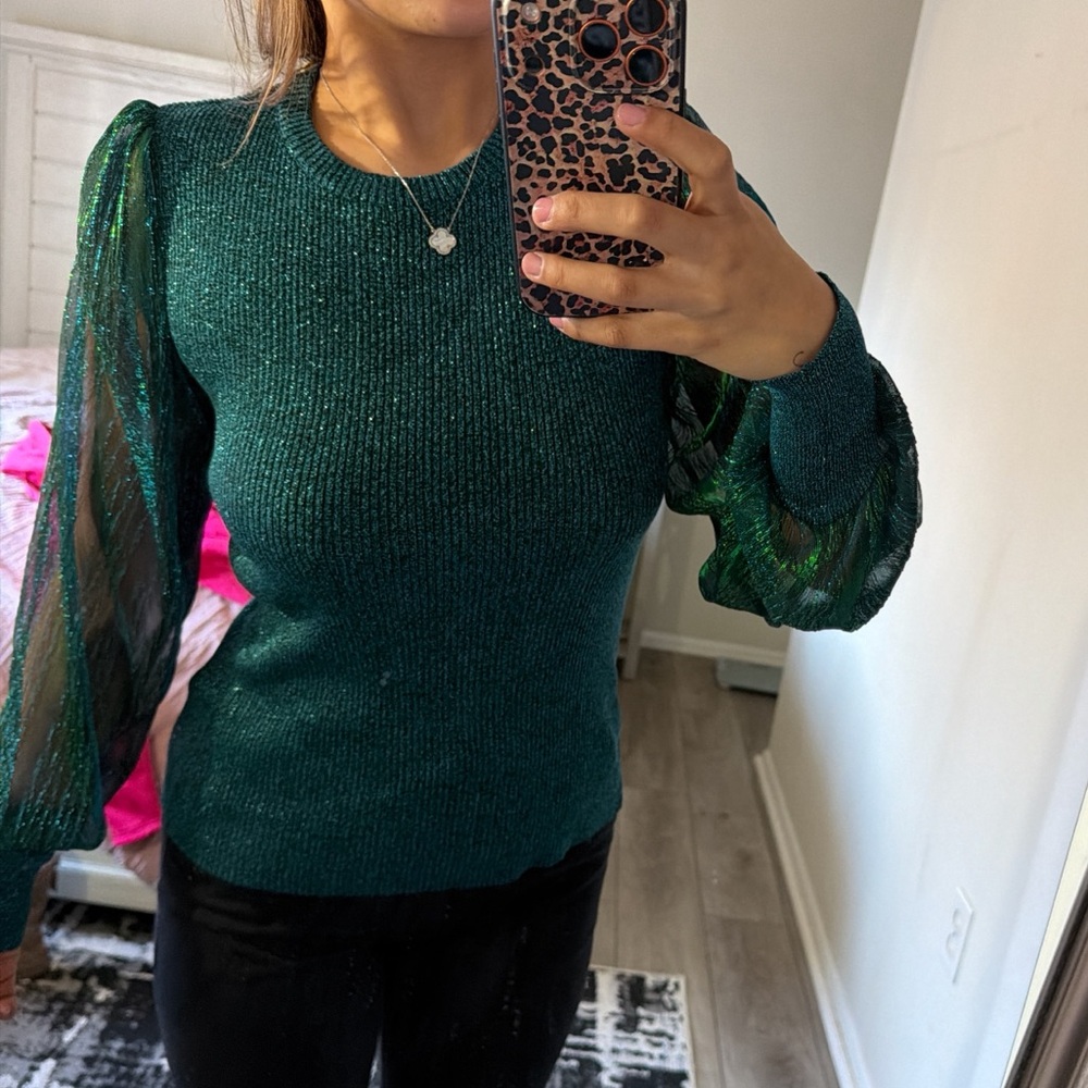 Glitter Teal Sweater With Sparkly Sleeves